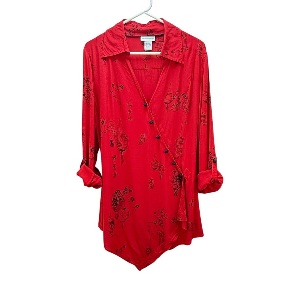 Soft Surroundings L Red Asian Lantern Print Asymmetric Wrap Tunic Top Blouse